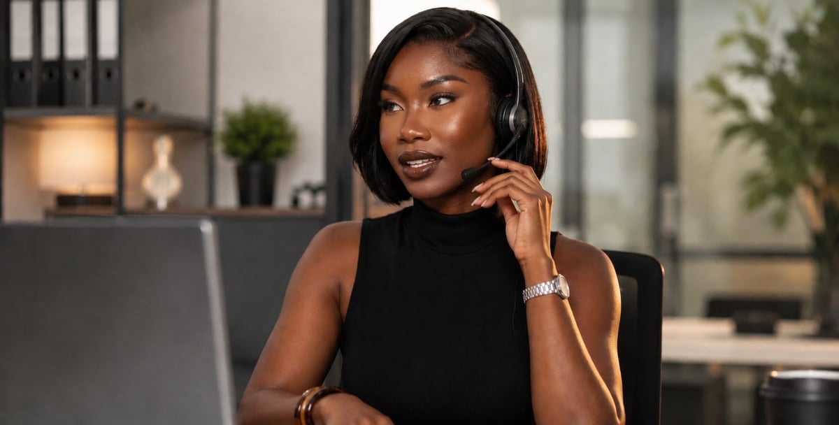 Woman wearing headphones and black sleeveless top, sitting at desk in modern office setting with plants and warm lighting in background